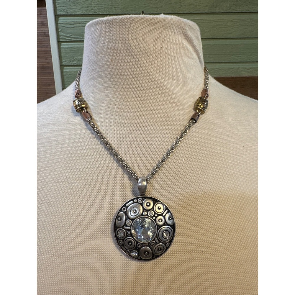 Statement Silver Tone‎ Pendant Necklace with Gold and Copper Beads Mixed Metal